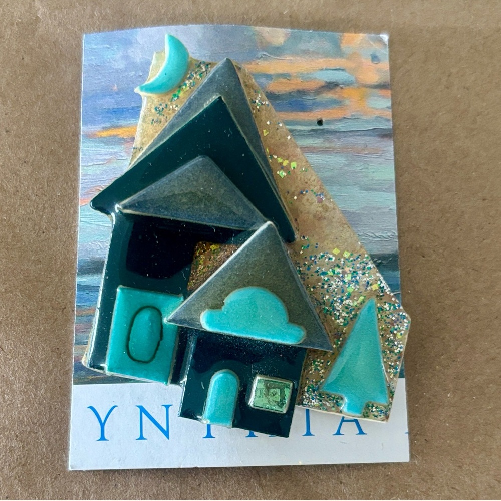 Vintage House Pin Pins Lucinda Maine Brooch Moon Heart Glitter